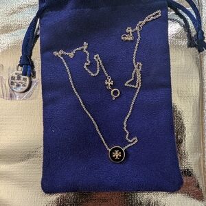 Tory Burch Logo Disc Necklace in Black and Gold